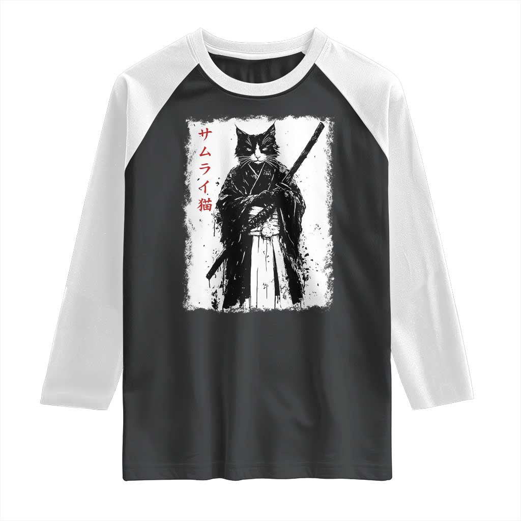 Japanese Samurai Cat Raglan Shirt Retro Vintage Ukiyo-e Warrior Art Graphic TS02 Black White Print Your Wear