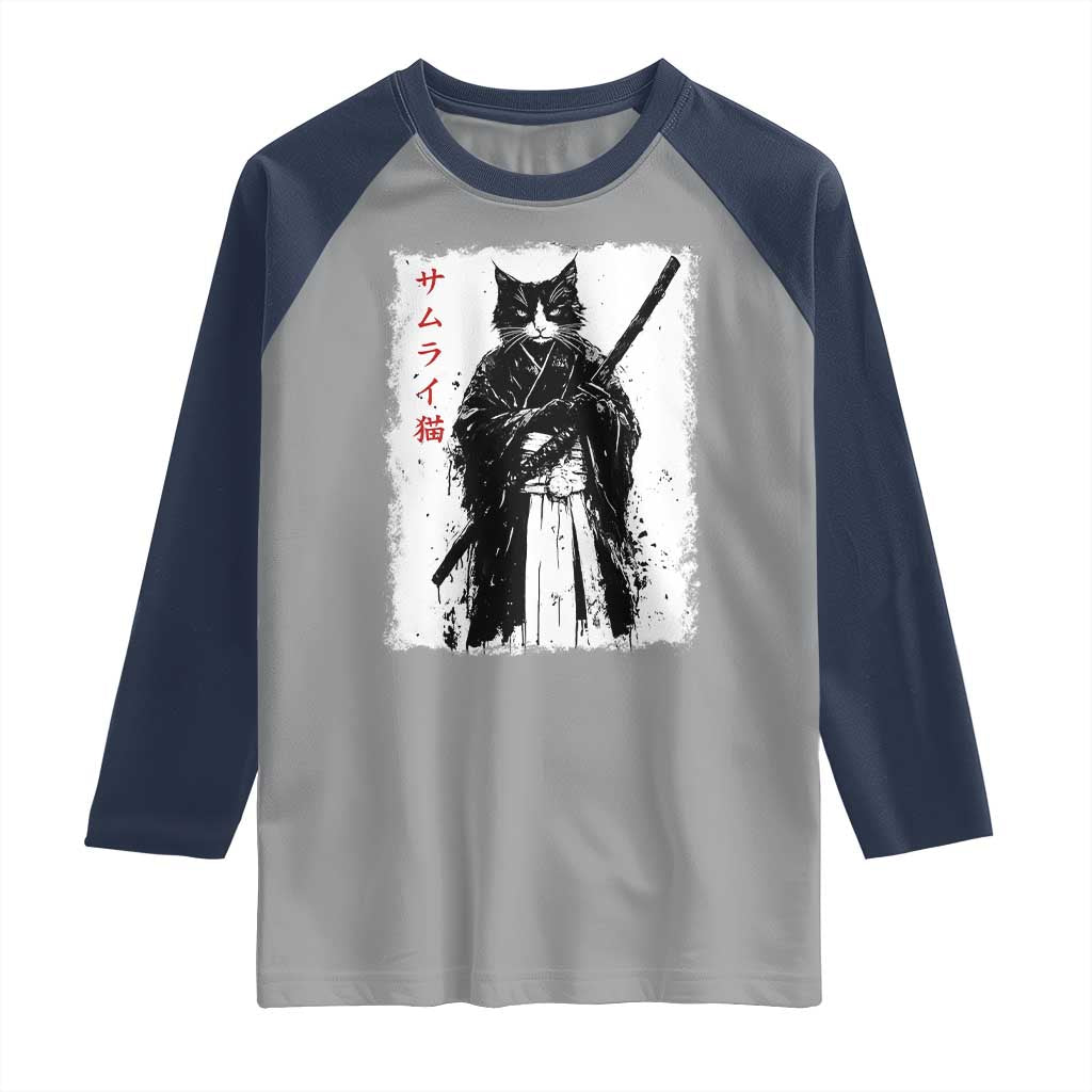 Japanese Samurai Cat Raglan Shirt Retro Vintage Ukiyo-e Warrior Art Graphic TS02 Sport Gray Navy Print Your Wear