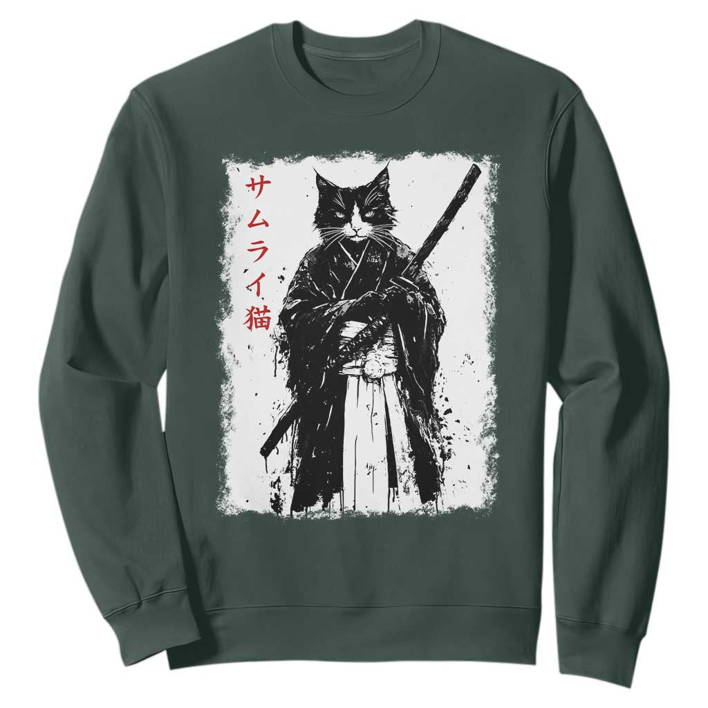 Japanese Samurai Cat Sweatshirt Retro Vintage Ukiyo-e Warrior Art Graphic TS02 Dark Forest Green Print Your Wear