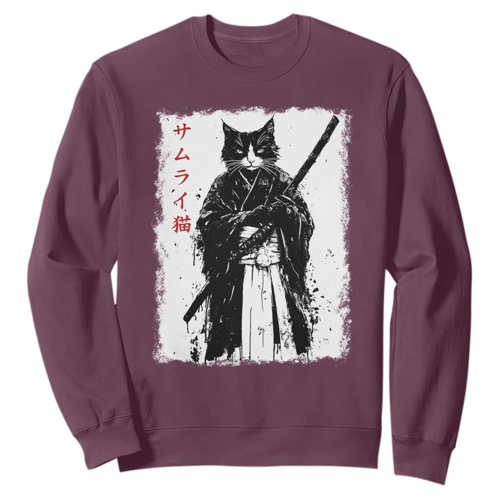 Japanese Samurai Cat Sweatshirt Retro Vintage Ukiyo-e Warrior Art Graphic TS02 Maroon Print Your Wear