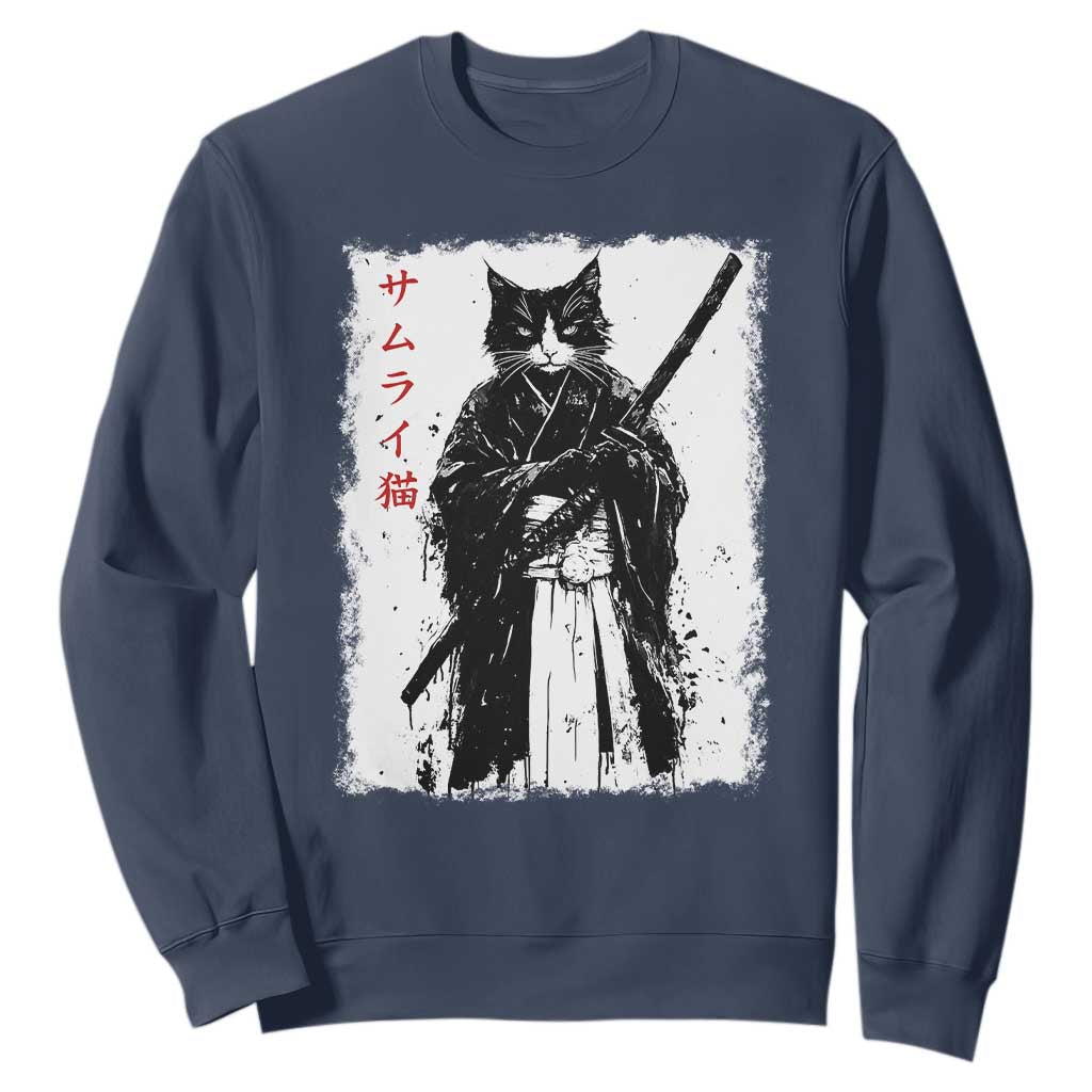 Japanese Samurai Cat Sweatshirt Retro Vintage Ukiyo-e Warrior Art Graphic TS02 Navy Print Your Wear