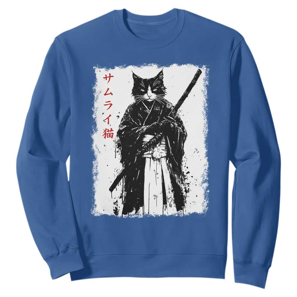 Japanese Samurai Cat Sweatshirt Retro Vintage Ukiyo-e Warrior Art Graphic TS02 Royal Blue Print Your Wear