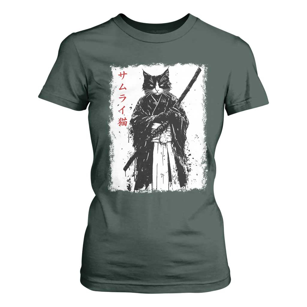 Japanese Samurai Cat T Shirt For Women Retro Vintage Ukiyo-e Warrior Art Graphic TS02 Dark Forest Green Print Your Wear