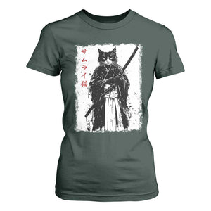 Japanese Samurai Cat T Shirt For Women Retro Vintage Ukiyo-e Warrior Art Graphic TS02 Dark Forest Green Print Your Wear