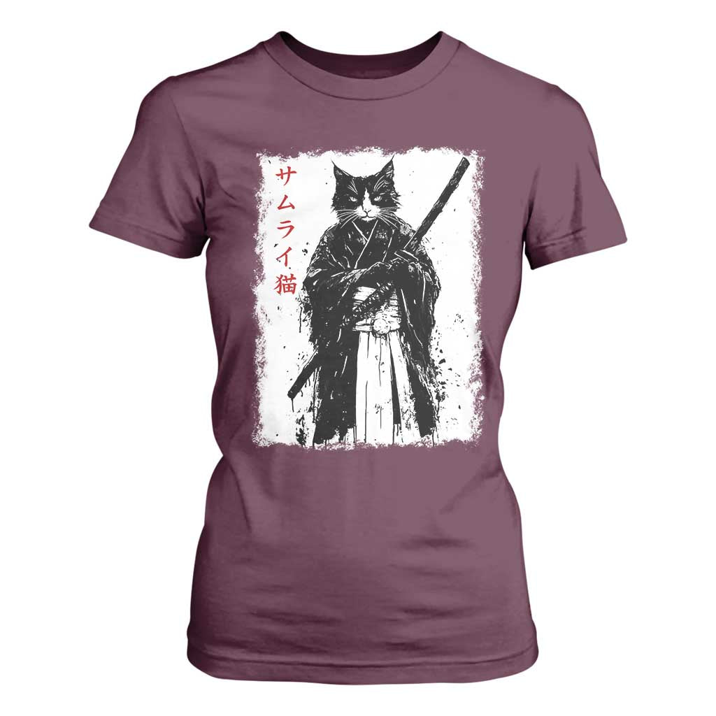 Japanese Samurai Cat T Shirt For Women Retro Vintage Ukiyo-e Warrior Art Graphic TS02 Maroon Print Your Wear