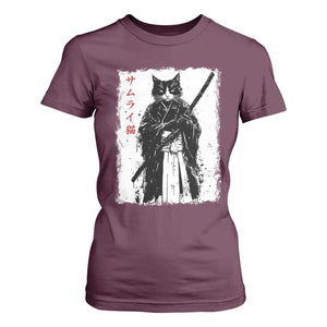 Japanese Samurai Cat T Shirt For Women Retro Vintage Ukiyo-e Warrior Art Graphic TS02 Maroon Print Your Wear