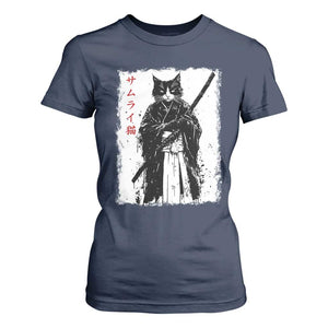 Japanese Samurai Cat T Shirt For Women Retro Vintage Ukiyo-e Warrior Art Graphic TS02 Navy Print Your Wear