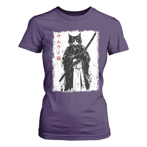 Japanese Samurai Cat T Shirt For Women Retro Vintage Ukiyo-e Warrior Art Graphic TS02 Purple Print Your Wear