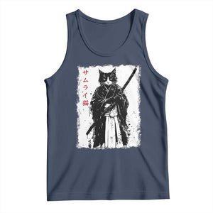 Japanese Samurai Cat Tank Top Retro Vintage Ukiyo-e Warrior Art Graphic TS02 Navy Print Your Wear
