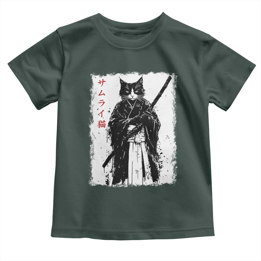 Japanese Samurai Cat Toddler T Shirt Retro Vintage Ukiyo-e Warrior Art Graphic TS02 Dark Forest Green Print Your Wear