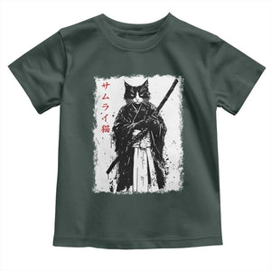Japanese Samurai Cat Toddler T Shirt Retro Vintage Ukiyo-e Warrior Art Graphic TS02 Dark Forest Green Print Your Wear