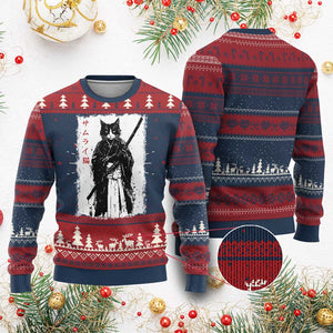 Japanese Samurai Cat Ugly Christmas Sweater Retro Vintage Ukiyo-e Warrior Art Graphic TS02 Burgundy Print Your Wear