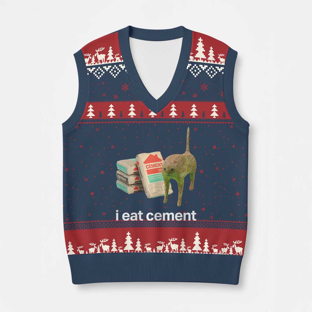 Funny Cursed Cat Meme V-Neck Knit Sweater Vest I Eat Cement Oddly Specific Dank Meme TS02 Navy Red Print Your Wear