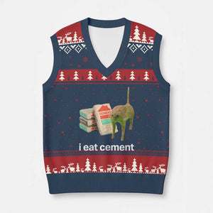 Funny Cursed Cat Meme V-Neck Knit Sweater Vest I Eat Cement Oddly Specific Dank Meme TS02 Navy Red Print Your Wear