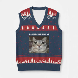Funny Silly Cat Meme V-Neck Knit Sweater Vest Rage Is Consuming Me Staring TS02 Navy Red Print Your Wear