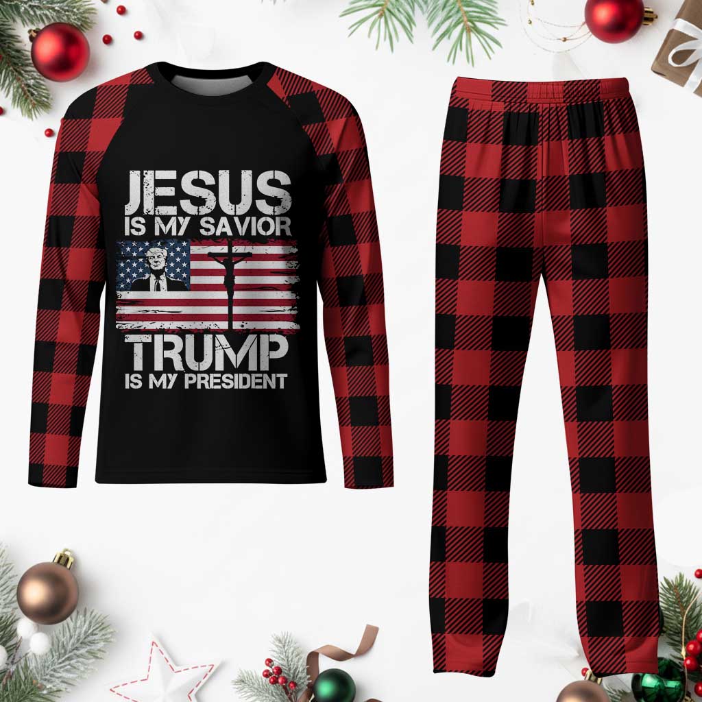 Christian Trump 2024 Plaid Pajama Set Jesus Is My Savior Trump Is My President Christ Cross American Flag TS02 Buffalo Plaid Print Your Wear