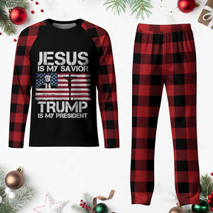 Christian Trump 2024 Plaid Pajama Set Jesus Is My Savior Trump Is My President Christ Cross American Flag TS02 Buffalo Plaid Print Your Wear
