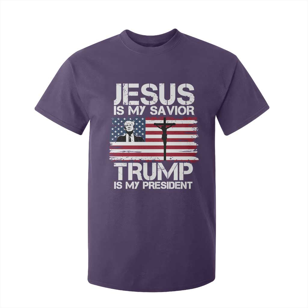 Christian Trump 2024 T Shirt For Kid Jesus Is My Savior Trump Is My President Christ Cross American Flag TS02 Purple Print Your Wear