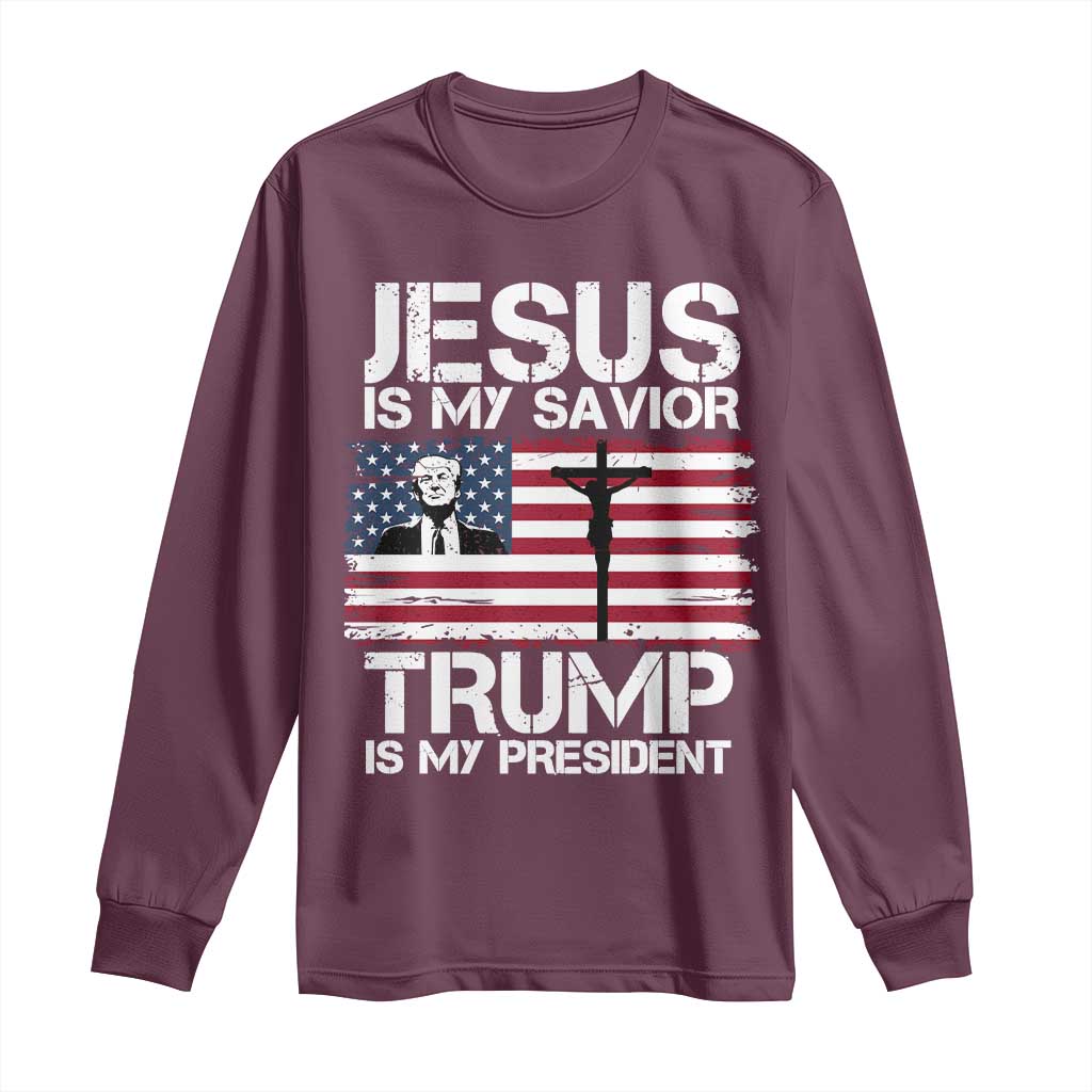 Christian Trump 2024 Long Sleeve Shirt Jesus Is My Savior Trump Is My President Christ Cross American Flag TS02 Maroon Print Your Wear