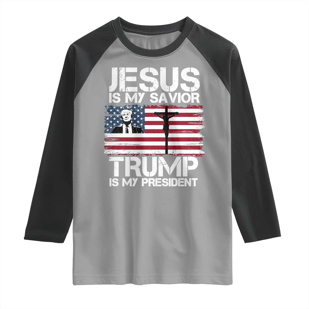 Christian Trump 2024 Raglan Shirt Jesus Is My Savior Trump Is My President Christ Cross American Flag TS02 Sport Gray Black Print Your Wear