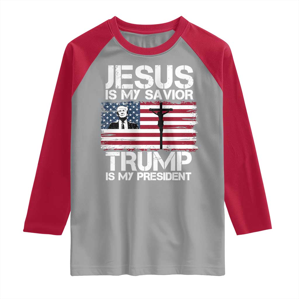 Christian Trump 2024 Raglan Shirt Jesus Is My Savior Trump Is My President Christ Cross American Flag TS02 Sport Gray Red Print Your Wear