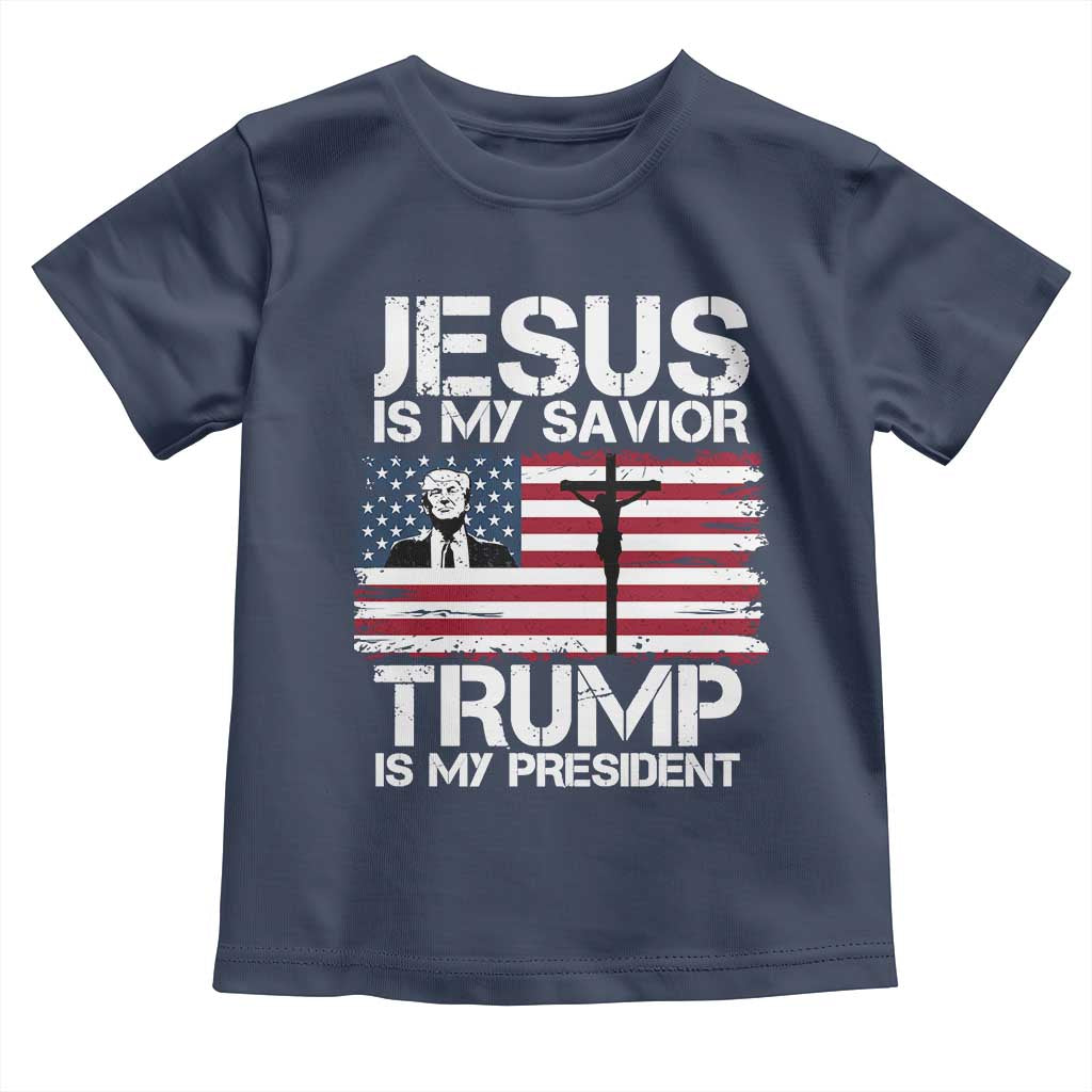 Christian Trump 2024 Toddler T Shirt Jesus Is My Savior Trump Is My President Christ Cross American Flag TS02 Navy Print Your Wear