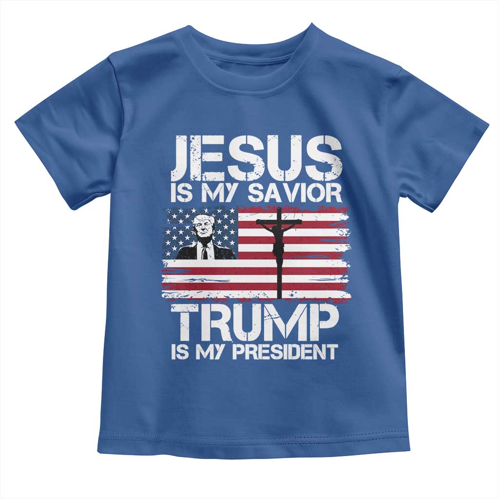 Christian Trump 2024 Toddler T Shirt Jesus Is My Savior Trump Is My President Christ Cross American Flag TS02 Royal Blue Print Your Wear