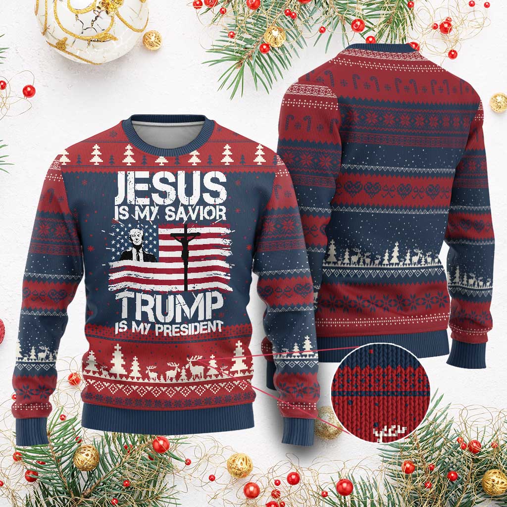 Christian Trump 2024 Knit Sweatshirt Jesus Is My Savior Trump Is My President Christ Cross American Flag TS02 Burgundy Print Your Wear