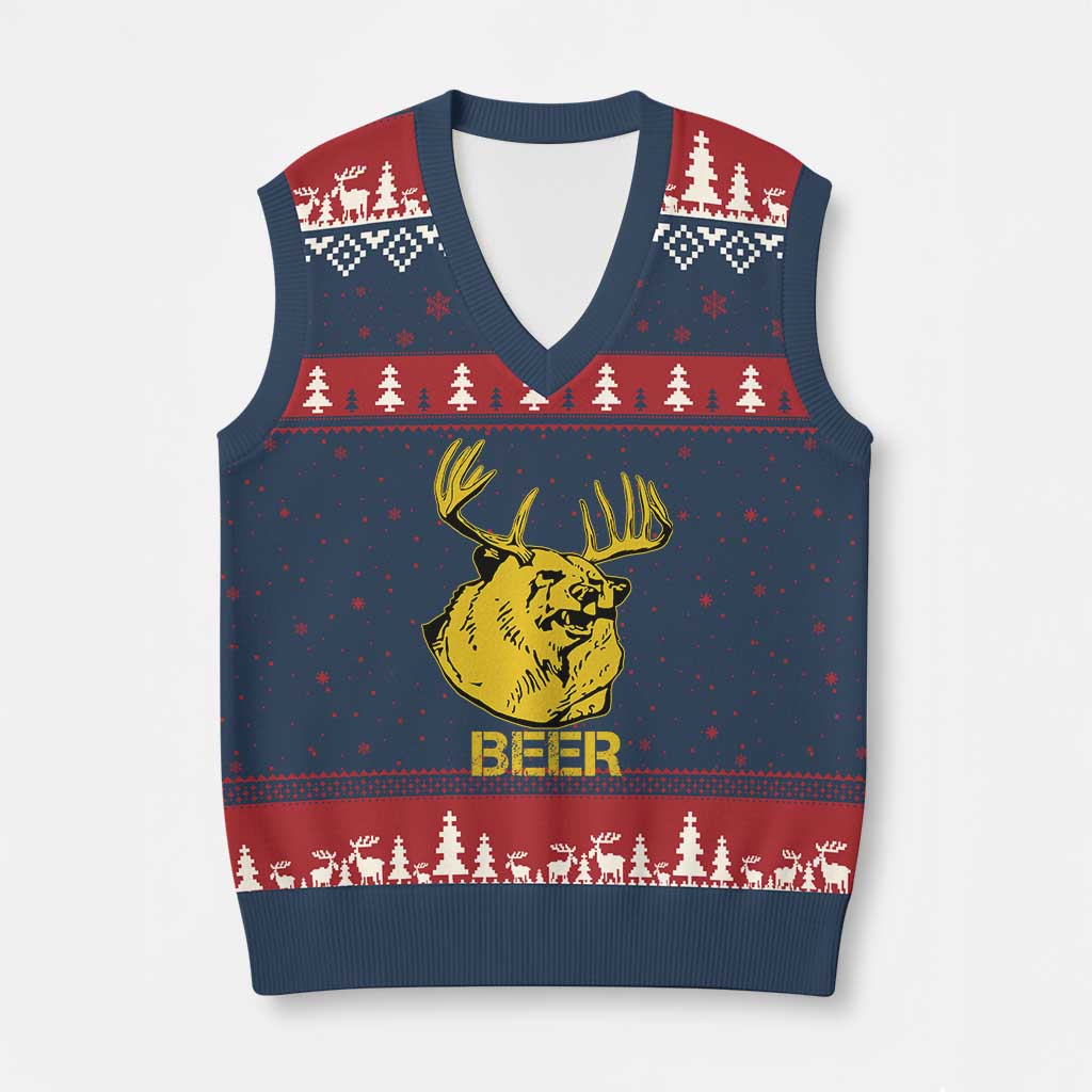 Funny Deer Hunting V-Neck Knit Sweater Vest Bear Plus Deer Equals Beer USA Hunter TS02 Navy Red Print Your Wear