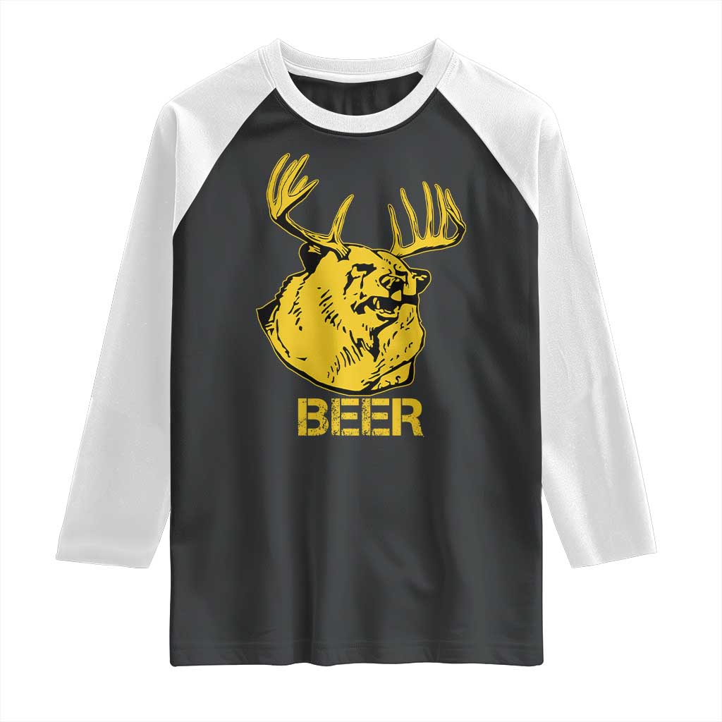 Funny Deer Hunting Raglan Shirt Bear Plus Deer Equals Beer USA Hunter TS02 Black White Print Your Wear