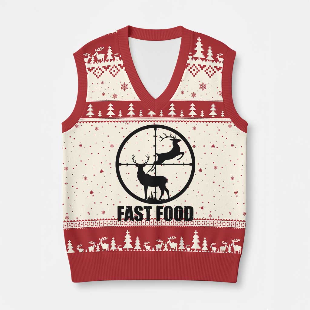 Deer Hunting V-Neck Knit Sweater Vest Deer Hunting Funny Hunter Fast Food Gift TS02 Beige Red Print Your Wear