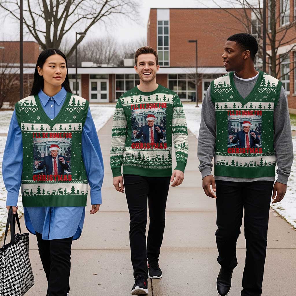 Xmas Dancing Trump V-Neck Knit Sweater Vest I'll Be Home For Xmas Viral Dances White House Retro Vintage TS02 Forest Green Beige Print Your Wear