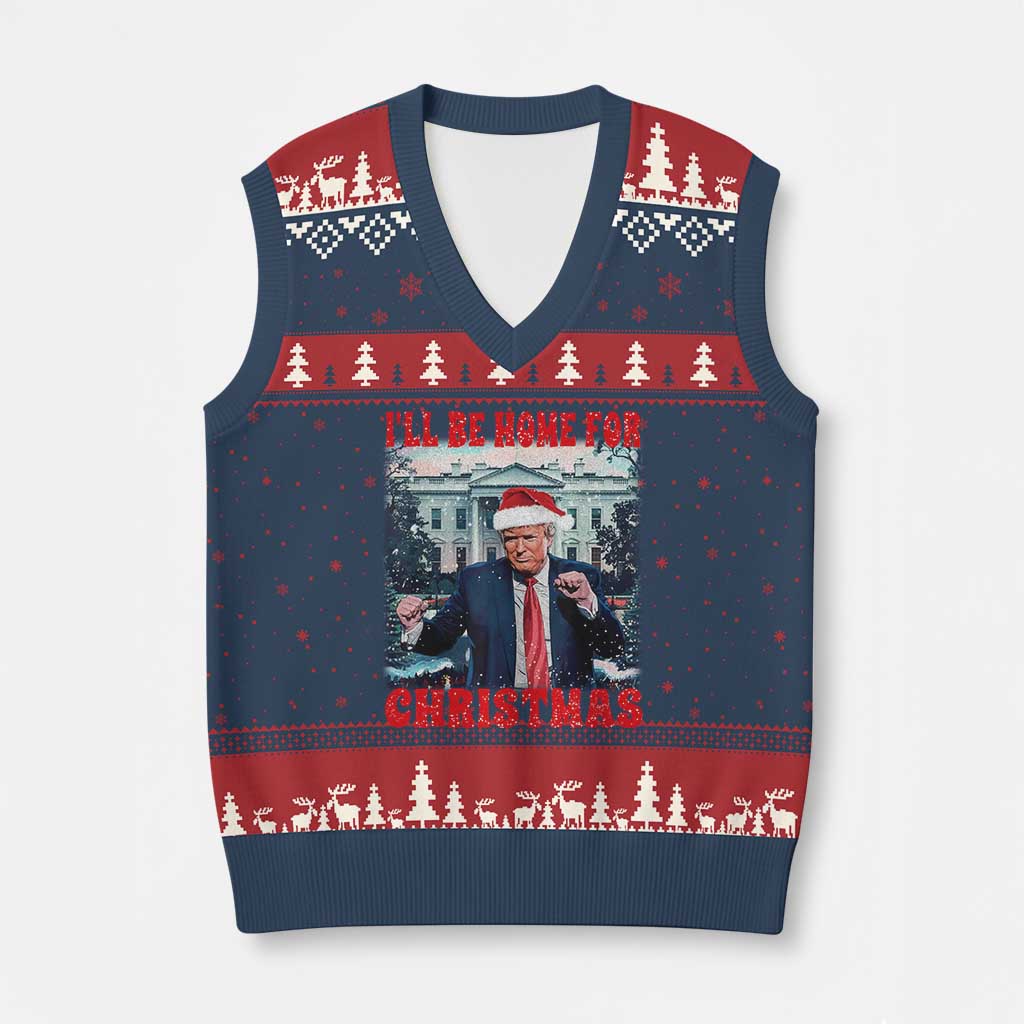 Xmas Dancing Trump V-Neck Knit Sweater Vest I'll Be Home For Xmas Viral Dances White House Retro Vintage TS02 Navy Red Print Your Wear