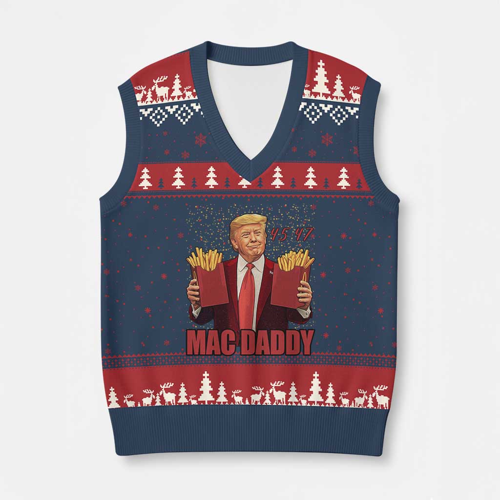 Funny Trump French Fries 2024 V-Neck Knit Sweater Vest Mac Daddy 47th President McDon Fast Food TS02 Navy Red Print Your Wear
