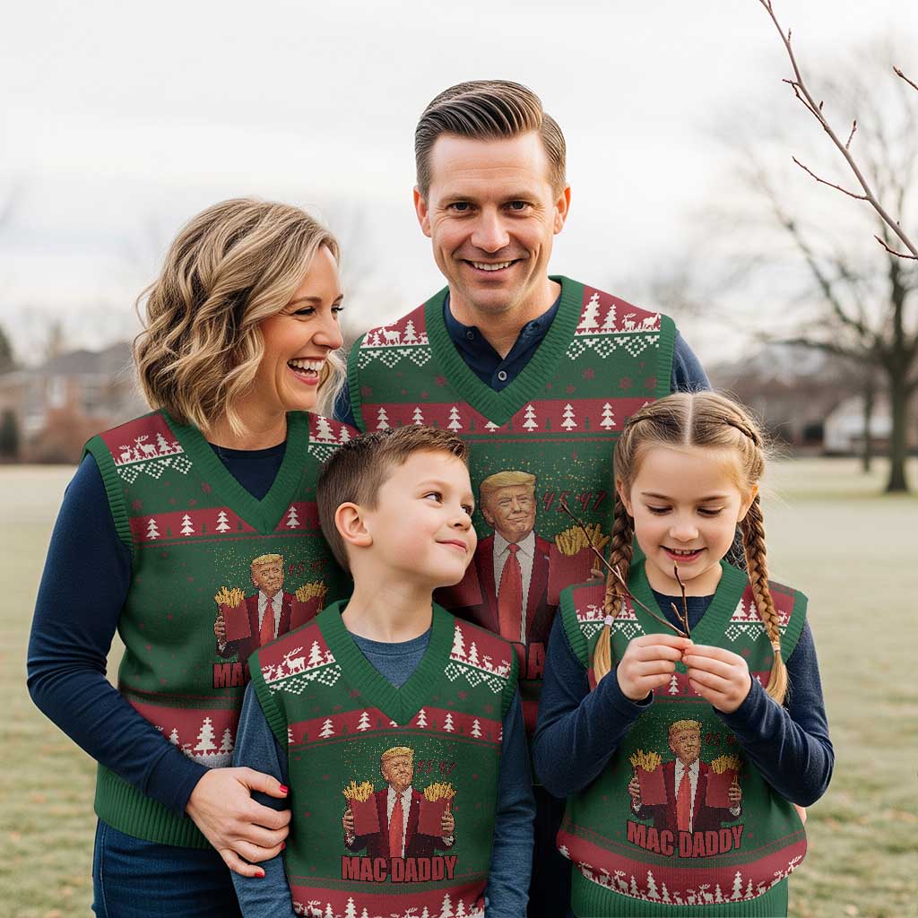 Funny Trump French Fries 2024 V-Neck Knit Sweater Vest Mac Daddy 47th President McDon Fast Food TS02 Red Green Print Your Wear