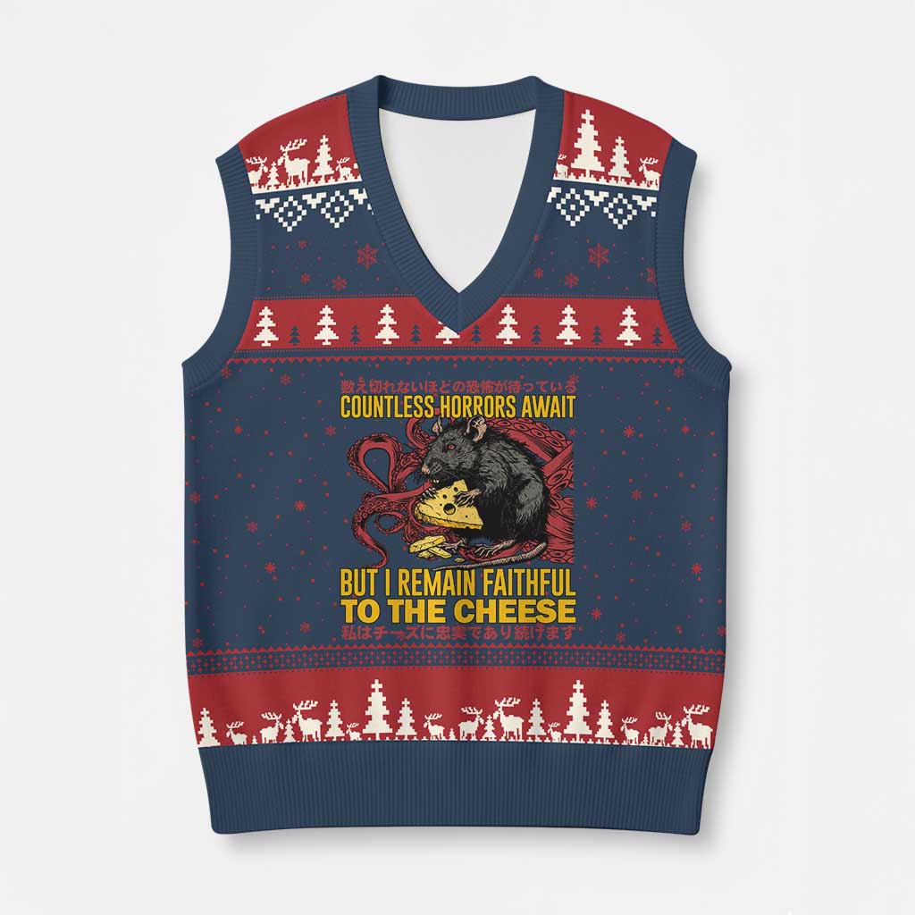 Funny Japanese Rat Lover V-Neck Knit Sweater Vest I Remain Faithful To The Cheese Retro Vintage Japan TS02 Navy Red Print Your Wear