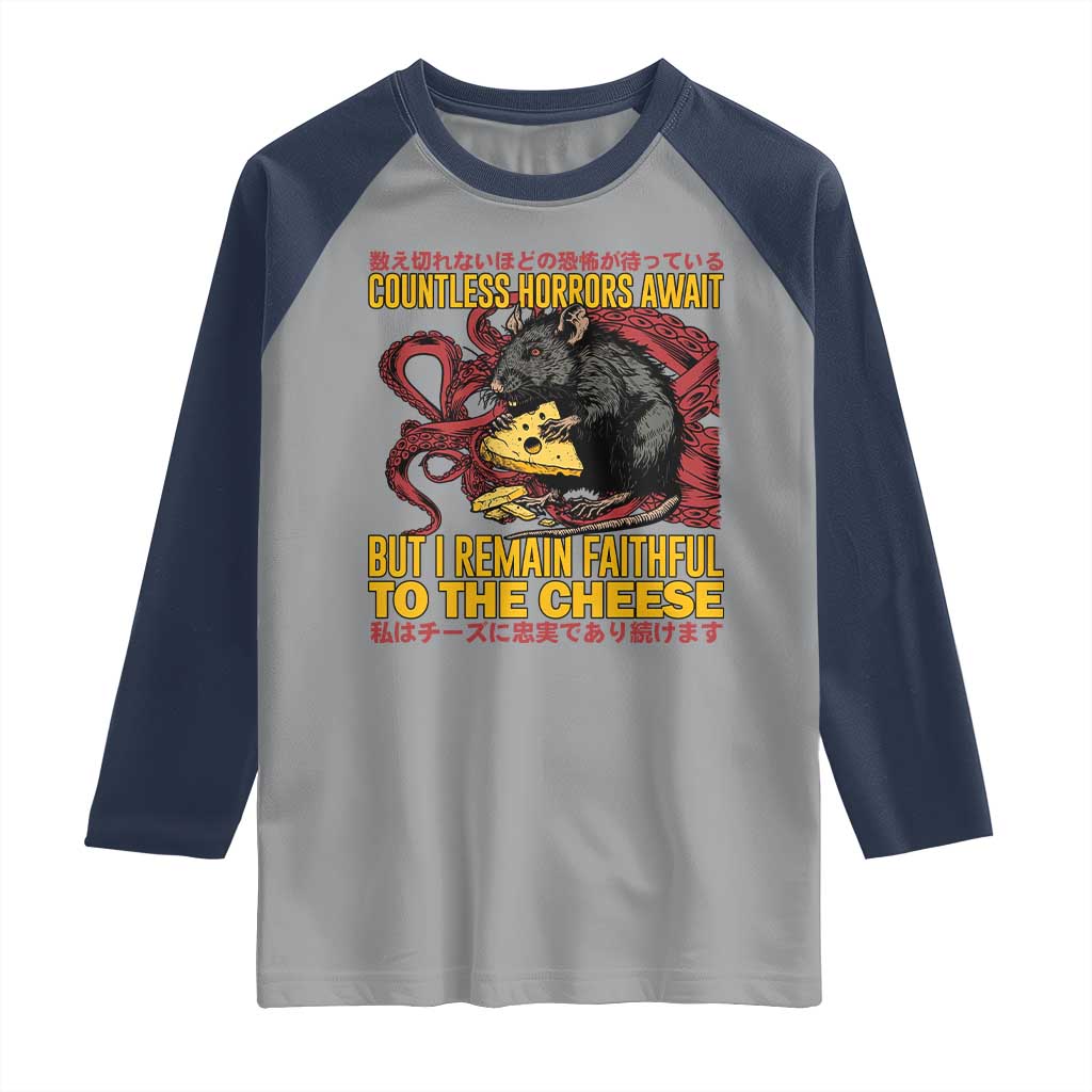 Funny Japanese Rat Lover Raglan Shirt I Remain Faithful To The Cheese Retro Vintage Japan TS02 Sport Gray Navy Print Your Wear