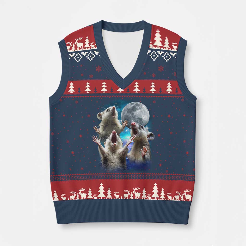 Funny Opossum Meme V-Neck Knit Sweater Vest Three Possum Screaming Under The Moon Weird Cursed Meme TS02 Navy Red Print Your Wear