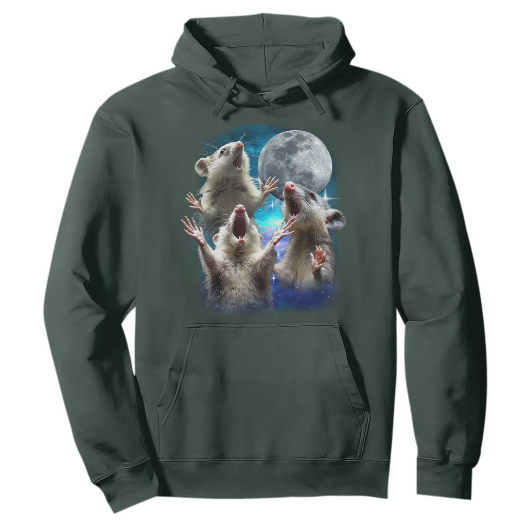 Funny Opossum Meme Hoodie Three Possum Screaming Under The Moon Weird Cursed Meme TS02 Dark Forest Green Print Your Wear