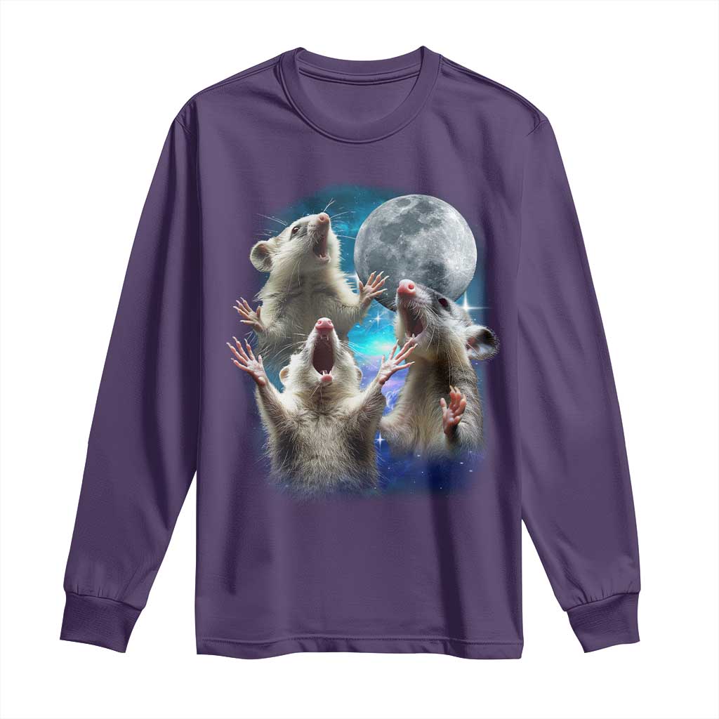 Funny Opossum Meme Long Sleeve Shirt Three Possum Screaming Under The Moon Weird Cursed Meme TS02 Purple Print Your Wear