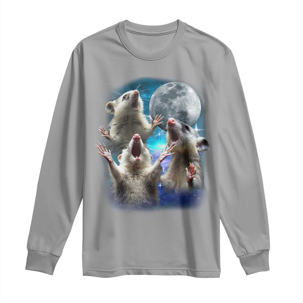 Funny Opossum Meme Long Sleeve Shirt Three Possum Screaming Under The Moon Weird Cursed Meme TS02 Sport Gray Print Your Wear
