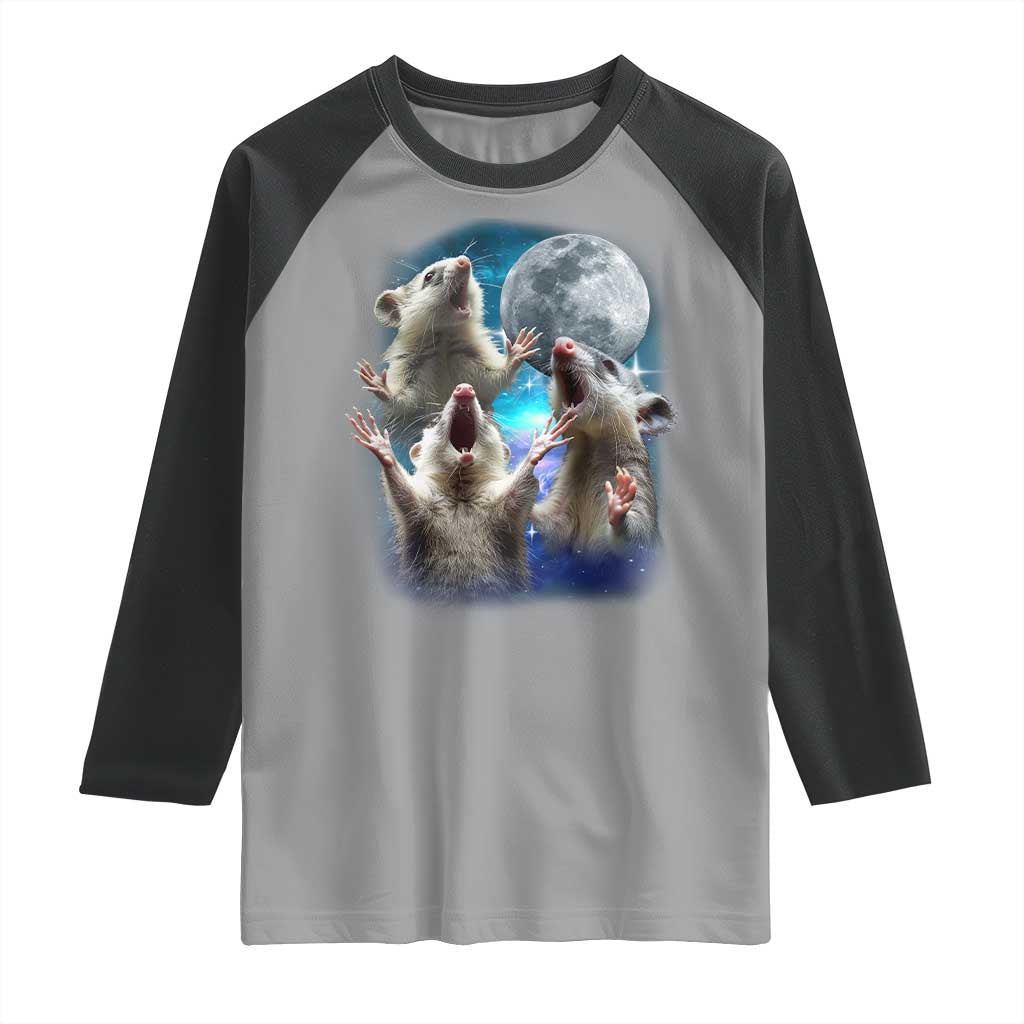 Funny Opossum Meme Raglan Shirt Three Possum Screaming Under The Moon Weird Cursed Meme TS02 Sport Gray Black Print Your Wear