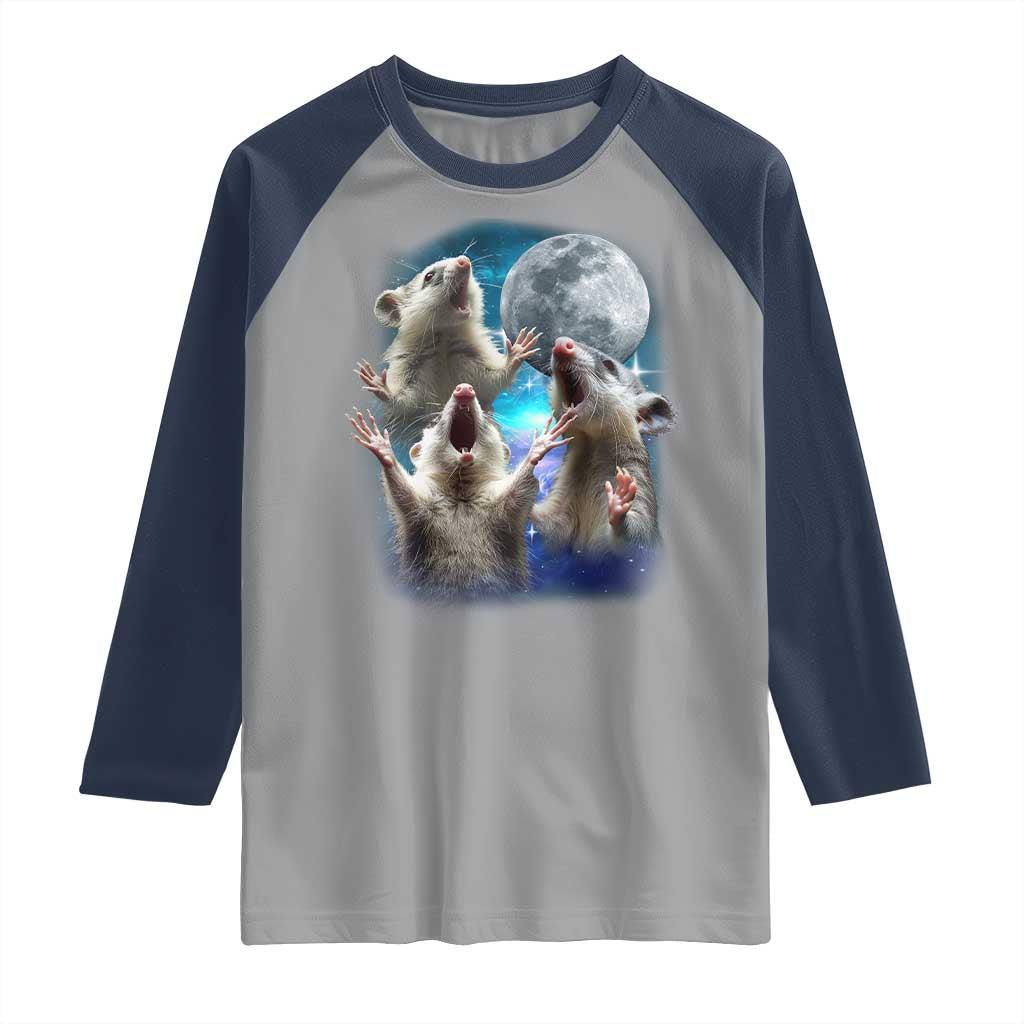 Funny Opossum Meme Raglan Shirt Three Possum Screaming Under The Moon Weird Cursed Meme TS02 Sport Gray Navy Print Your Wear