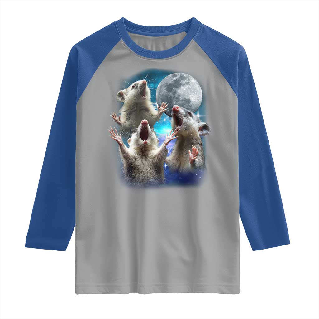 Funny Opossum Meme Raglan Shirt Three Possum Screaming Under The Moon Weird Cursed Meme TS02 Sport Gray Royal Print Your Wear