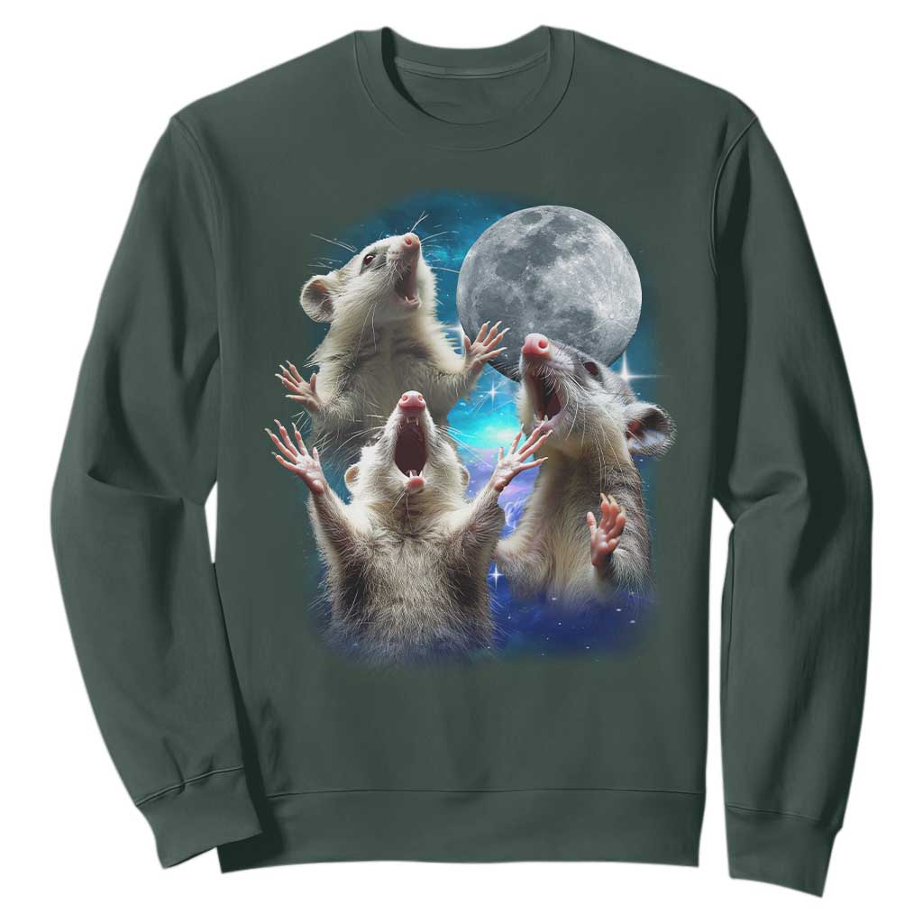 Funny Opossum Meme Sweatshirt Three Possum Screaming Under The Moon Weird Cursed Meme TS02 Dark Forest Green Print Your Wear