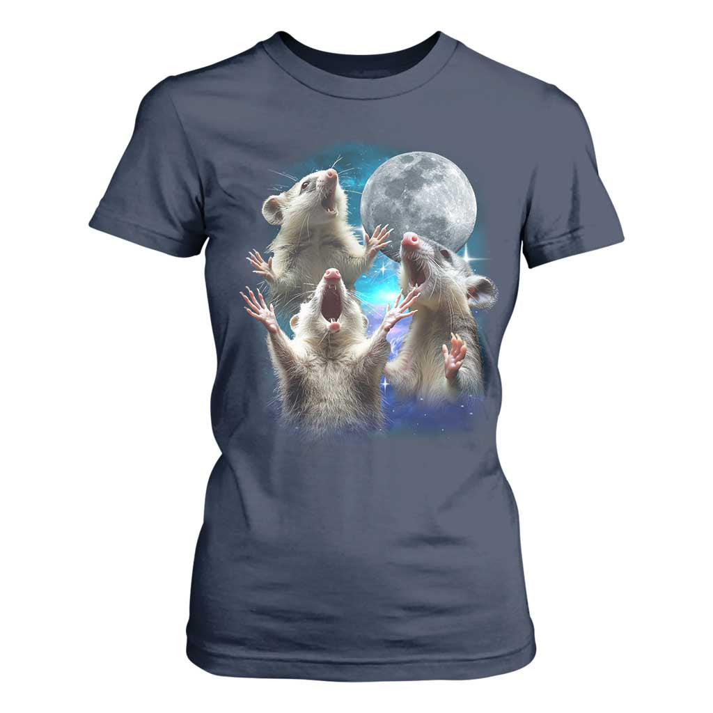 Funny Opossum Meme T Shirt For Women Three Possum Screaming Under The Moon Weird Cursed Meme TS02 Navy Print Your Wear