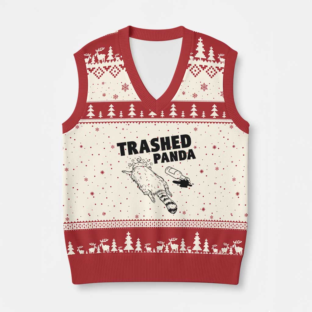 Funny Trashed Panda V-Neck Knit Sweater Vest Drunk Raccoon Meme Hot Mess TS02 Beige Red Print Your Wear
