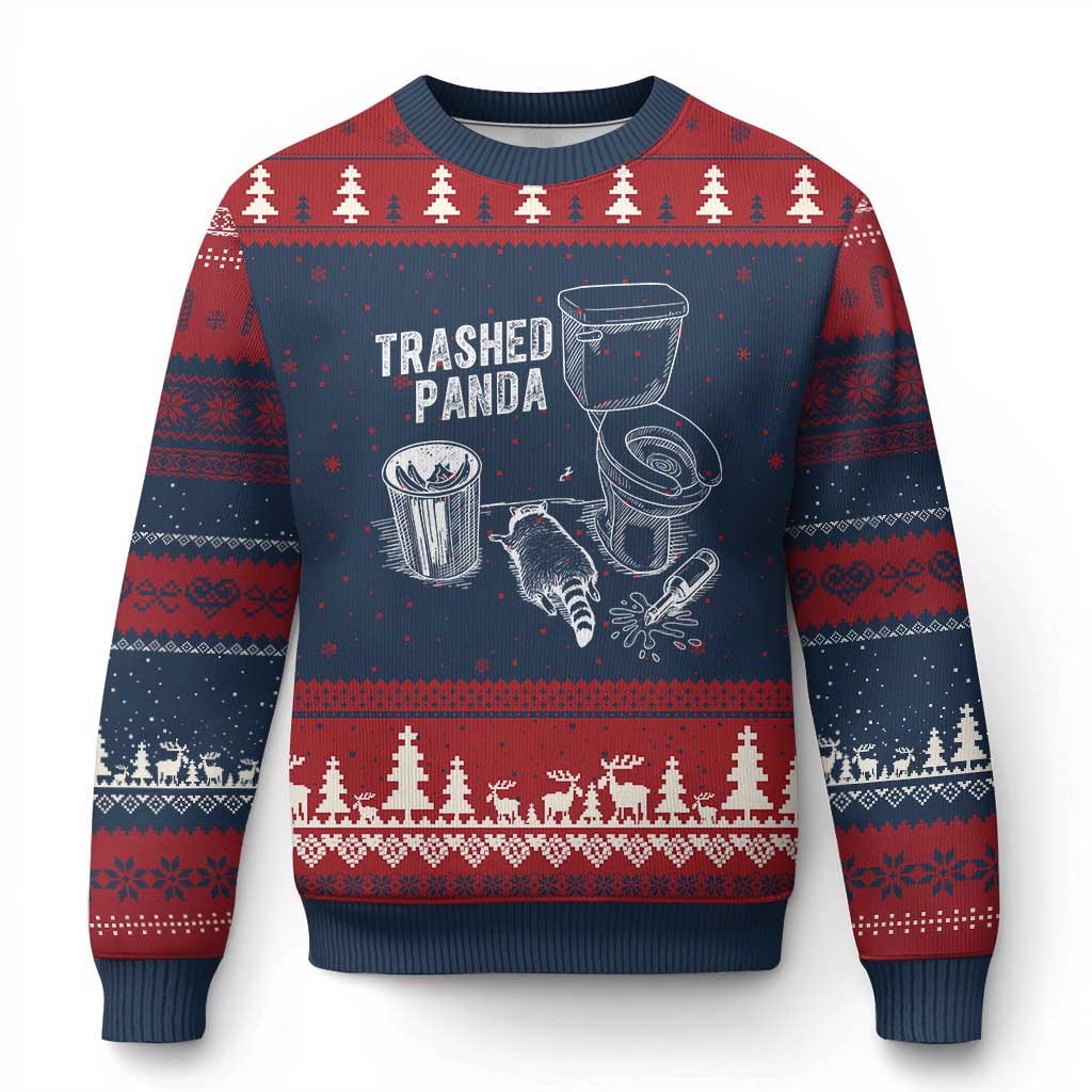 Funny Trashed Panda Ugly Christmas Sweater Drunk Raccoon in Toilet Meme Hot Mess TS02 Navy Red Print Your Wear