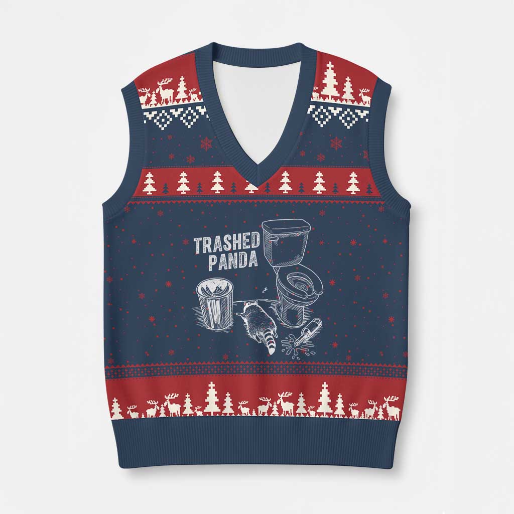 Funny Trashed Panda V-Neck Knit Sweater Vest Drunk Raccoon in Toilet Meme Hot Mess TS02 Navy Red Print Your Wear