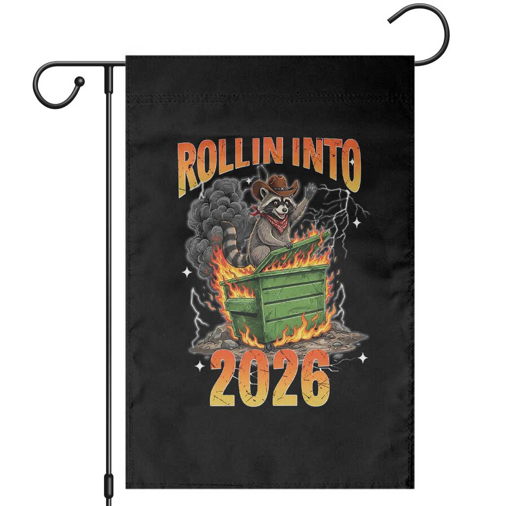 Dumpster Fire Raccoon Meme for Surviving 2025 Garden Flag Rollin Into 2026 Trash Panda Energy TS02 Black Print Your Wear